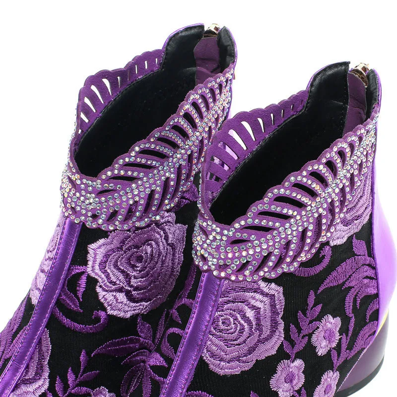 Retro flower embroidery block heels booties