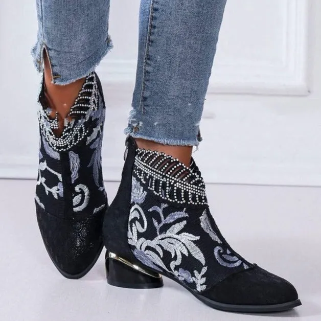 Retro flower embroidery block heels booties