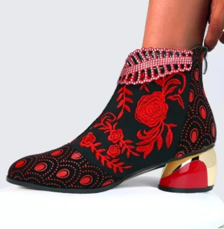 Retro flower embroidery block heels booties