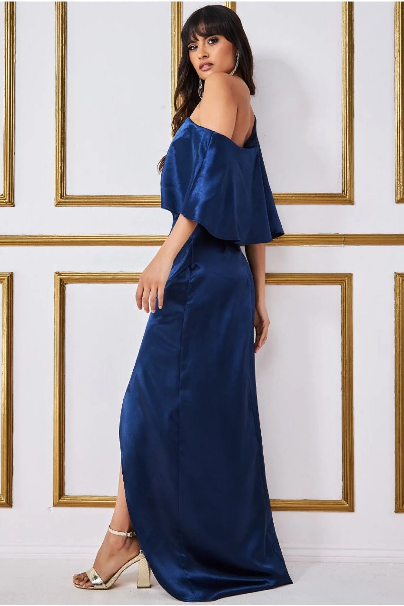 Satin Drape Shoulder Wrap Maxi Dress - Navy by Goddiva