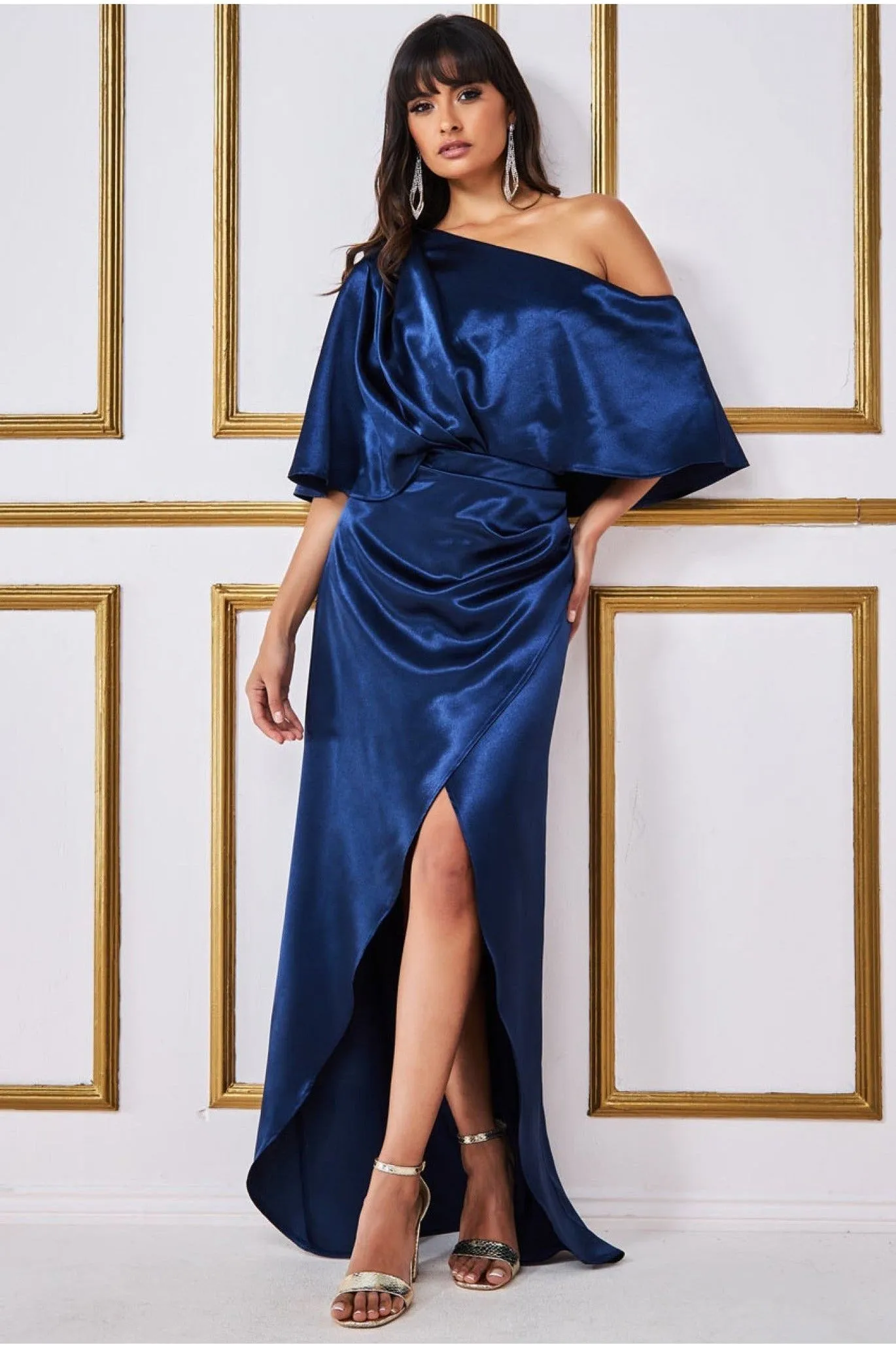 Satin Drape Shoulder Wrap Maxi Dress - Navy by Goddiva