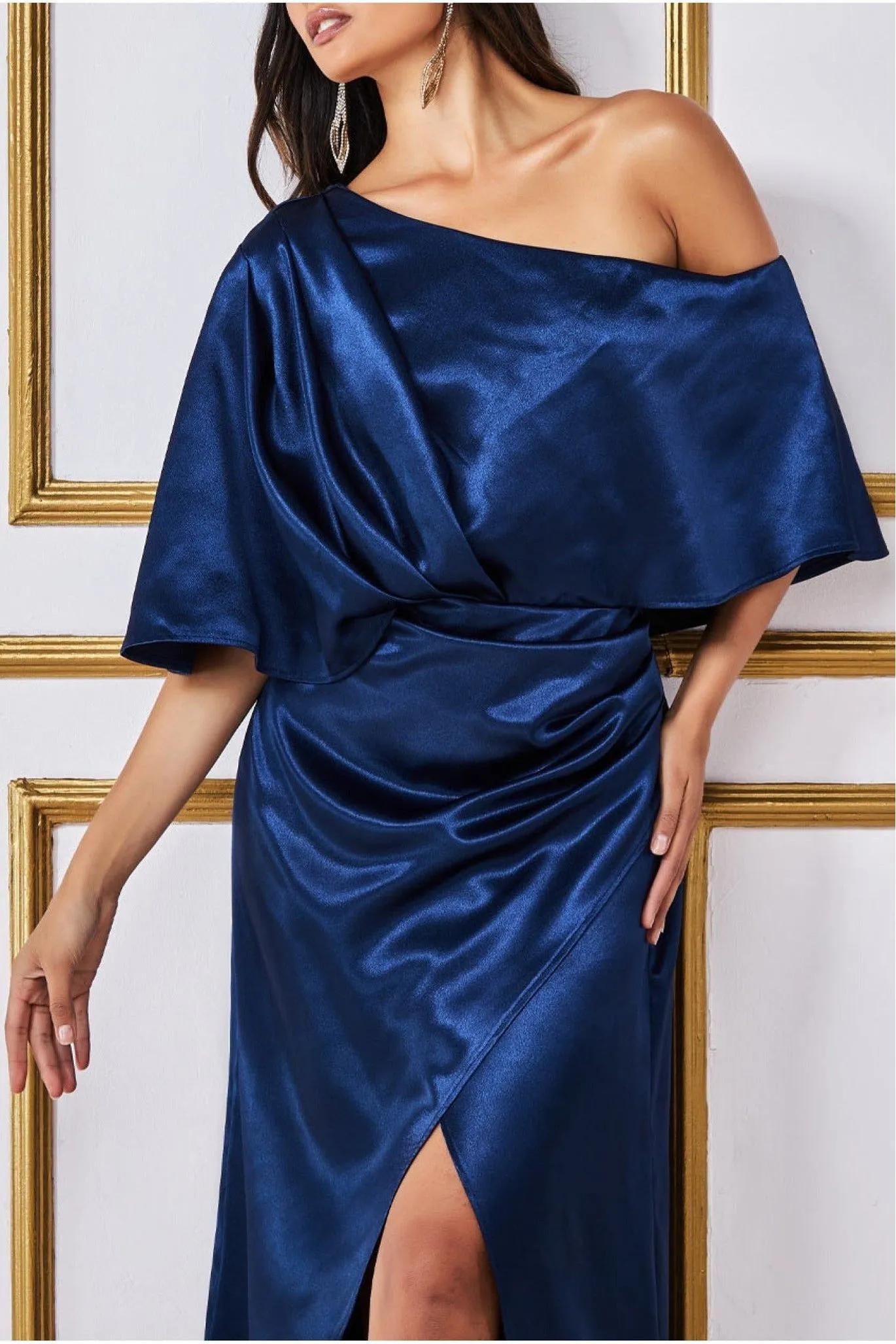 Satin Drape Shoulder Wrap Maxi Dress - Navy by Goddiva