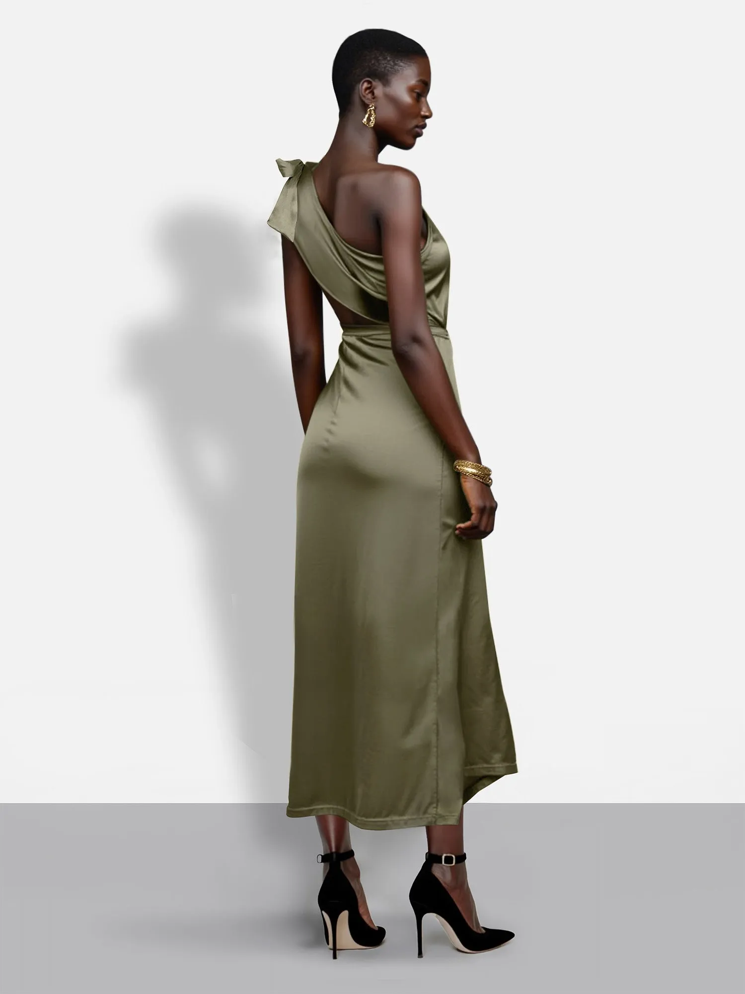 Sleeveless One Shoulder Satin Midi Dress