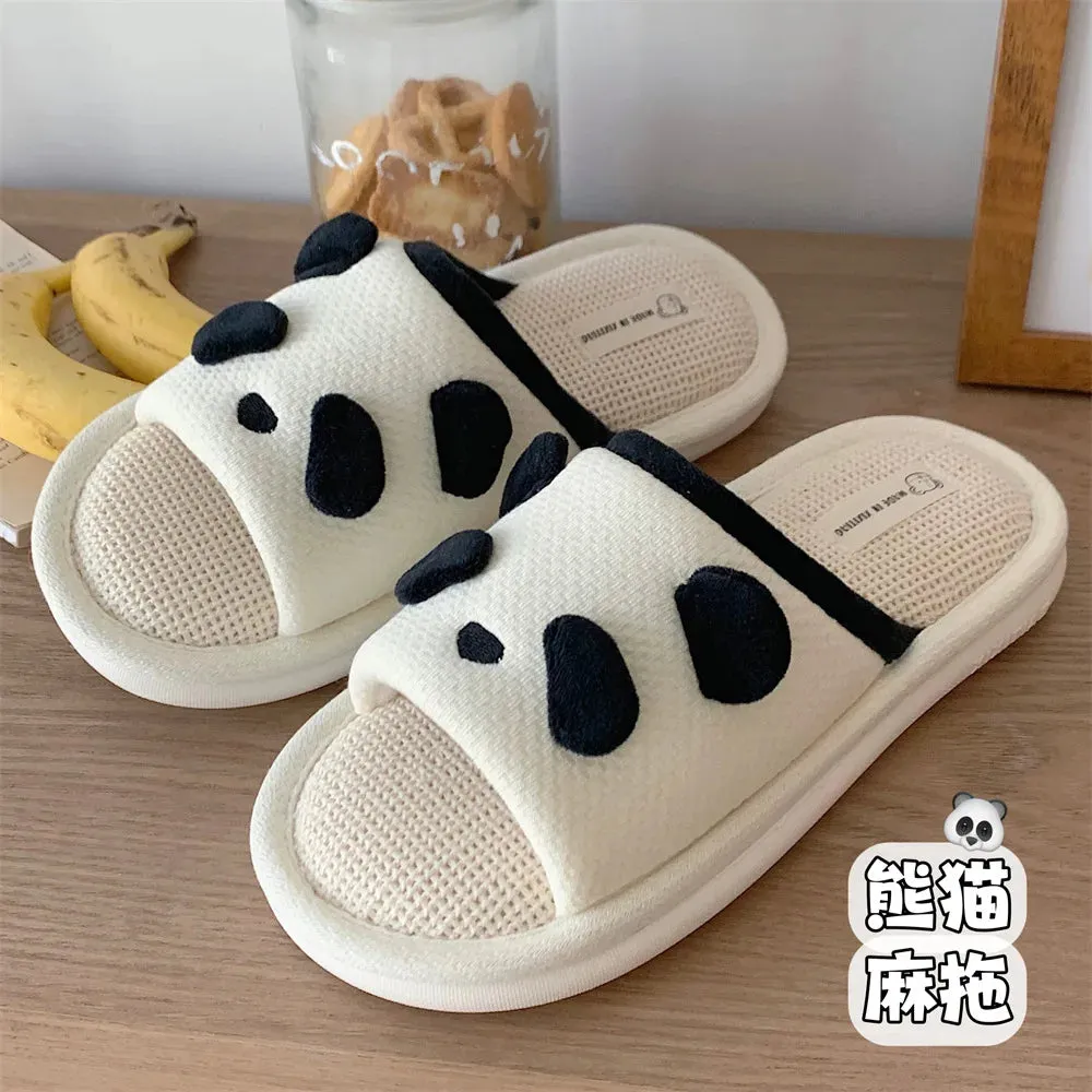 Sohiwoo Women's Slippers Cute Cartoon Panda Four Seasons Anti slip Linen Slippers 2024 New Comfortable Soft Women's Home Slippers