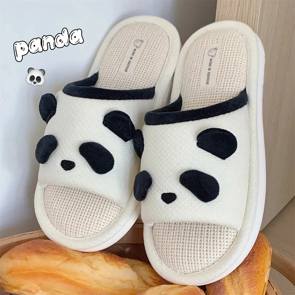 Sohiwoo Women's Slippers Cute Cartoon Panda Four Seasons Anti slip Linen Slippers 2024 New Comfortable Soft Women's Home Slippers