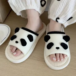 Sohiwoo Women's Slippers Cute Cartoon Panda Four Seasons Anti slip Linen Slippers 2024 New Comfortable Soft Women's Home Slippers