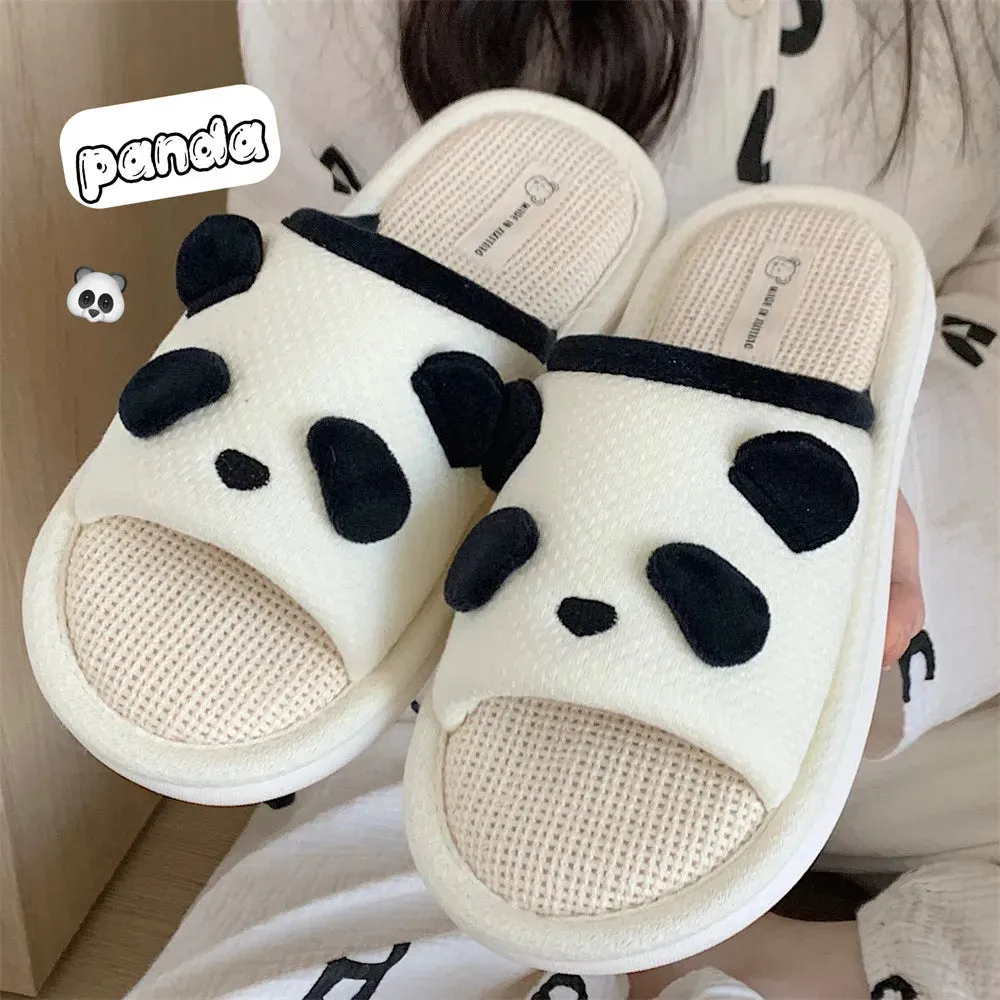 Sohiwoo Women's Slippers Cute Cartoon Panda Four Seasons Anti slip Linen Slippers 2024 New Comfortable Soft Women's Home Slippers