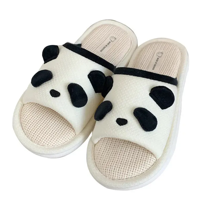 Sohiwoo Women's Slippers Cute Cartoon Panda Four Seasons Anti slip Linen Slippers 2024 New Comfortable Soft Women's Home Slippers