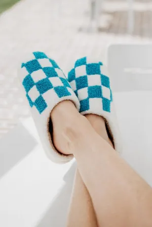 Teal Checkered Pattern Slippers