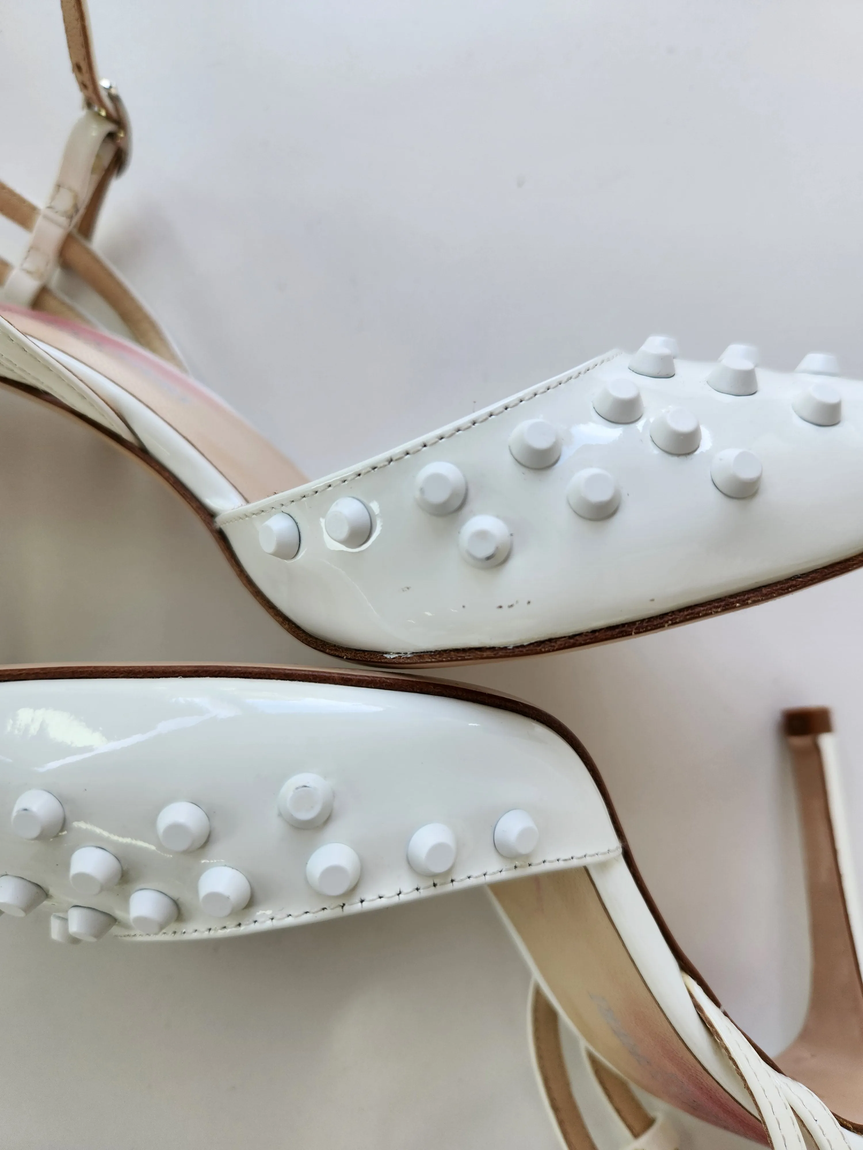 Vernice Bianca Patent White Studded Heels