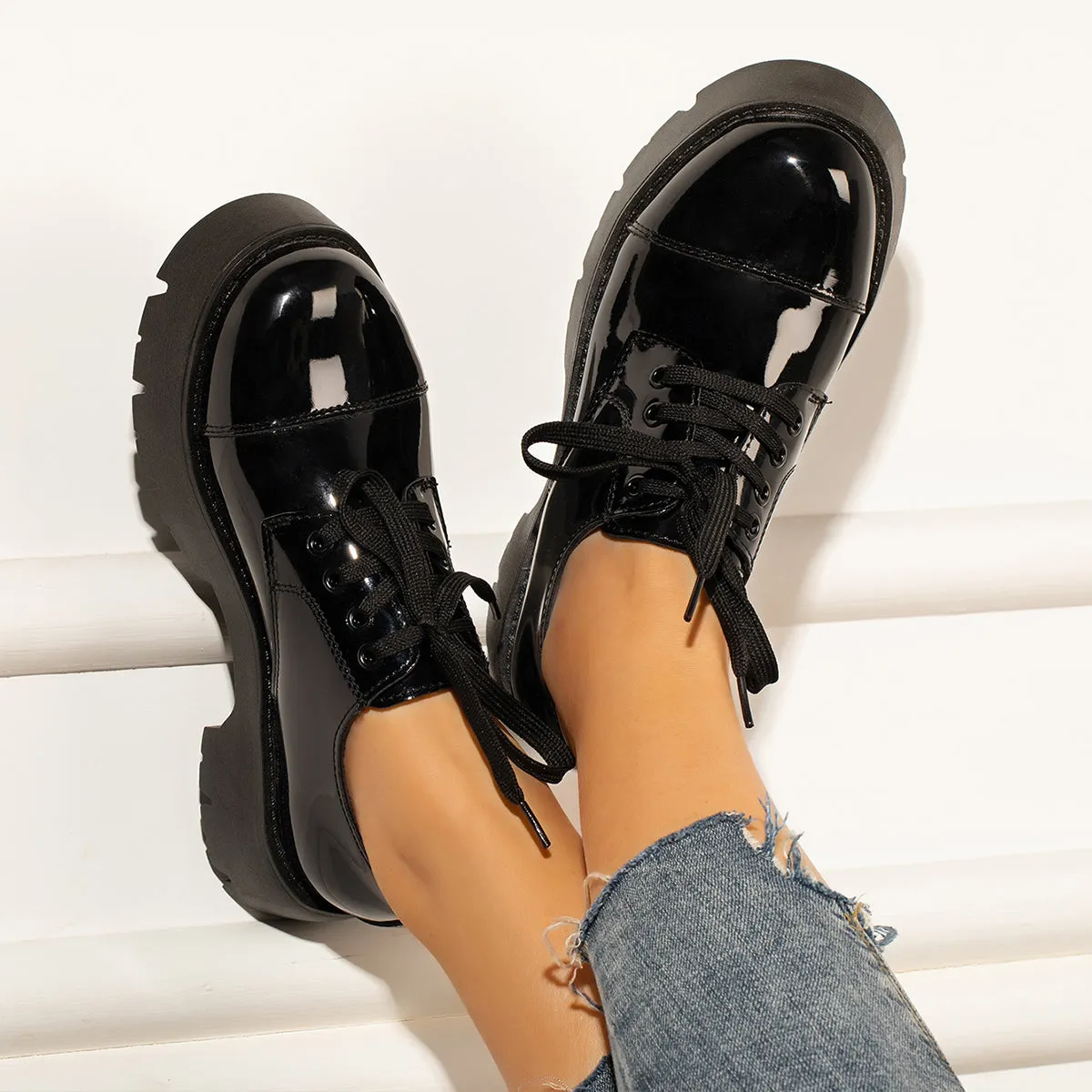 Women Black Platform Chunky Heel Loafers Lace Up Lug Sole Shoes