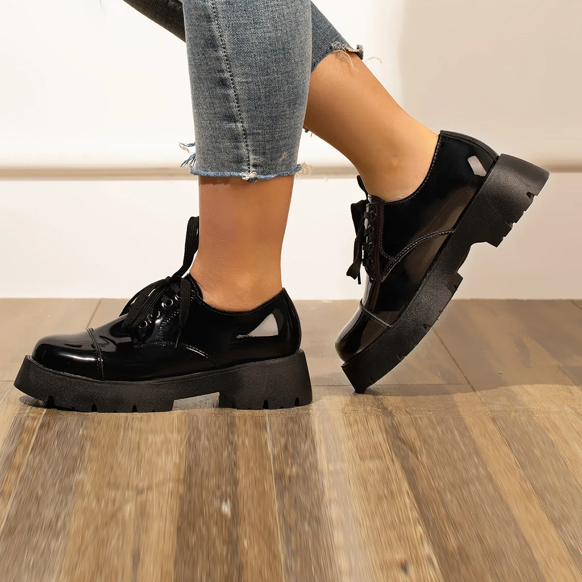 Women Black Platform Chunky Heel Loafers Lace Up Lug Sole Shoes