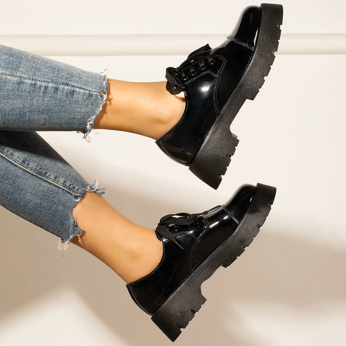 Women Black Platform Chunky Heel Loafers Lace Up Lug Sole Shoes