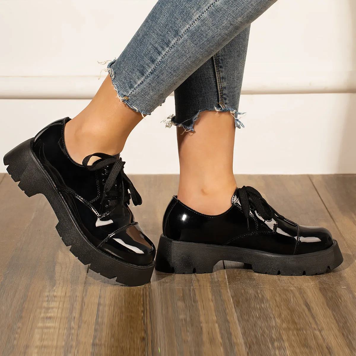 Women Black Platform Chunky Heel Loafers Lace Up Lug Sole Shoes