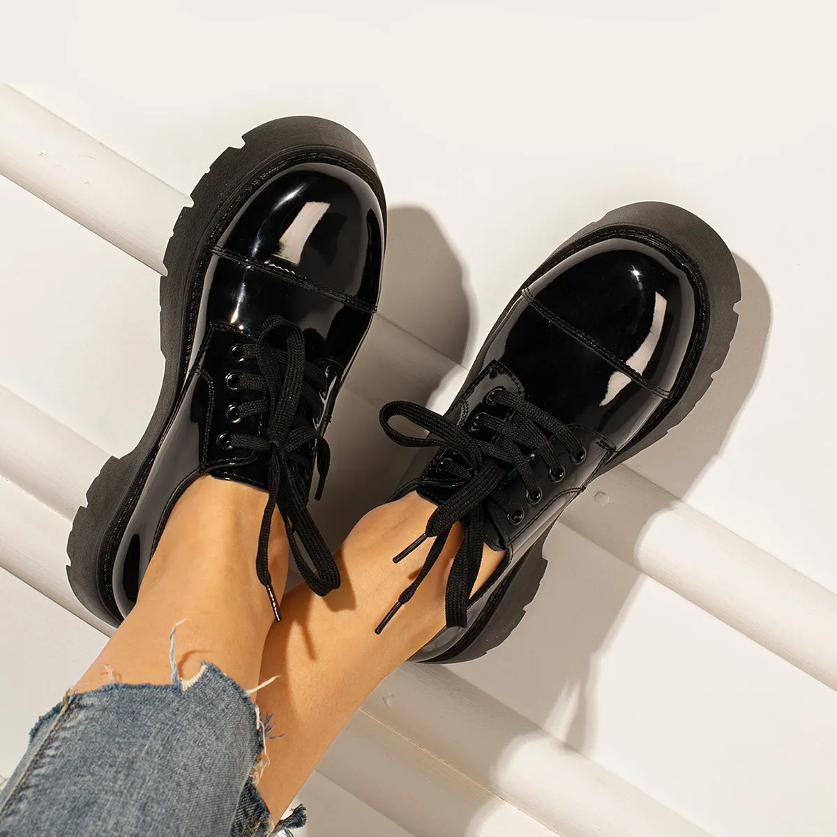 Women Black Platform Chunky Heel Loafers Lace Up Lug Sole Shoes