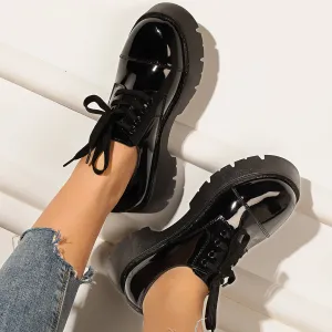 Women Black Platform Chunky Heel Loafers Lace Up Lug Sole Shoes