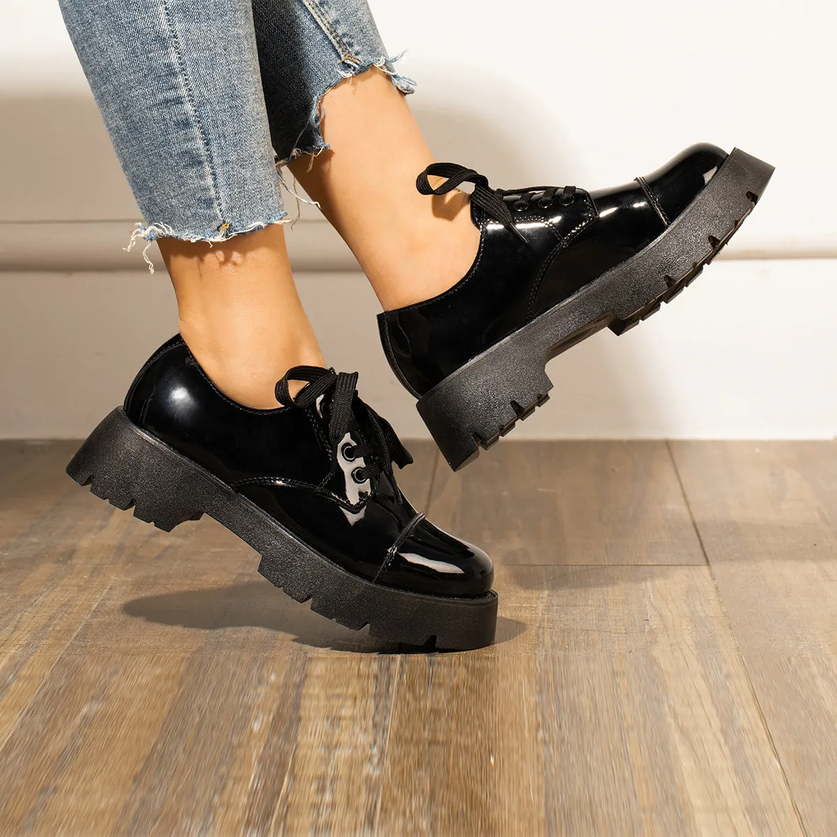 Women Black Platform Chunky Heel Loafers Lace Up Lug Sole Shoes