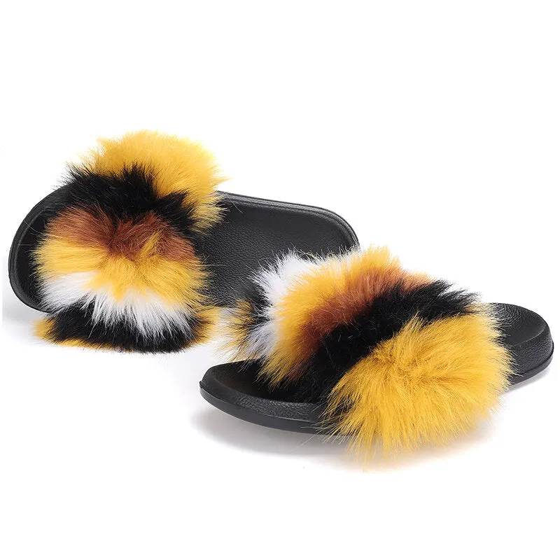 Women Fur Plush Fuzzy Furry Sliders Slippers Sandals Flip Flops Flat Shoes