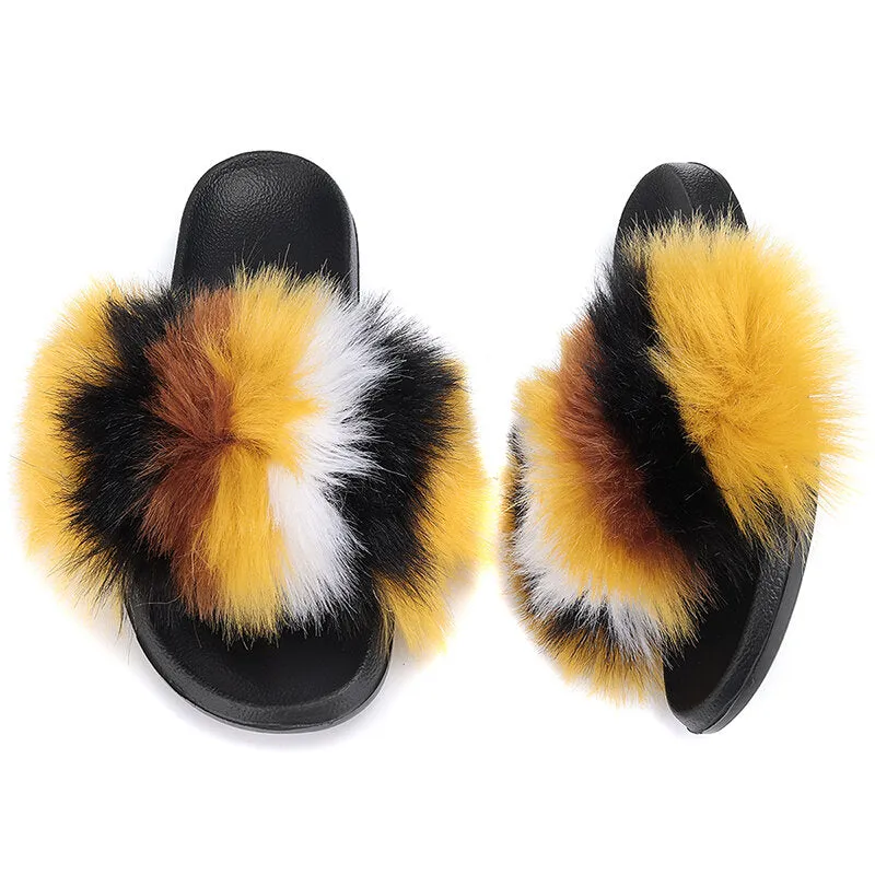 Women Fur Plush Fuzzy Furry Sliders Slippers Sandals Flip Flops Flat Shoes