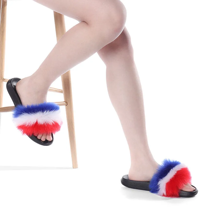 Women Fur Plush Fuzzy Furry Sliders Slippers Sandals Flip Flops Flat Shoes