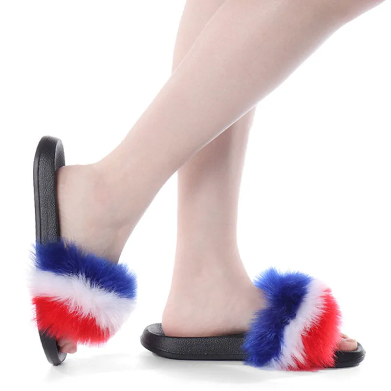 Women Fur Plush Fuzzy Furry Sliders Slippers Sandals Flip Flops Flat Shoes