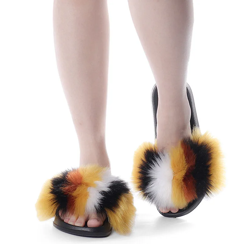 Women Fur Plush Fuzzy Furry Sliders Slippers Sandals Flip Flops Flat Shoes