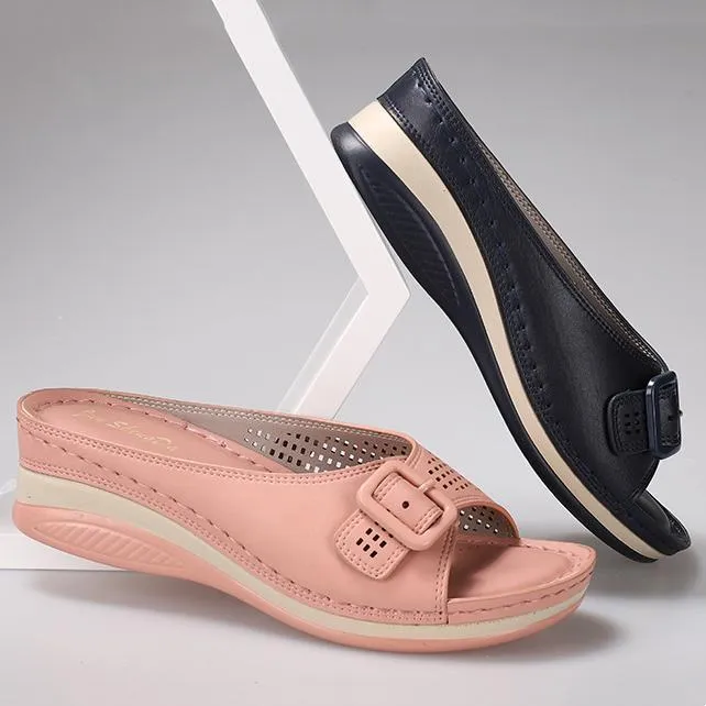 Women summer boho peep toe hollow wedge slide sandals