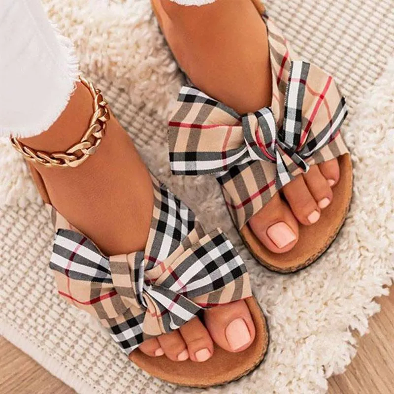 Women summer grid bow strap slide flat sandals