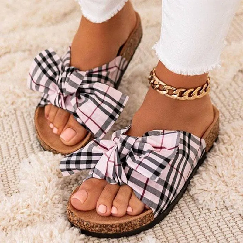 Women summer grid bow strap slide flat sandals