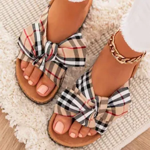 Women summer grid bow strap slide flat sandals