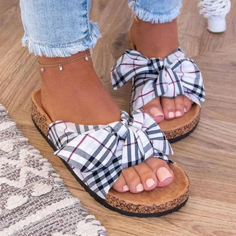 Women summer grid bow strap slide flat sandals