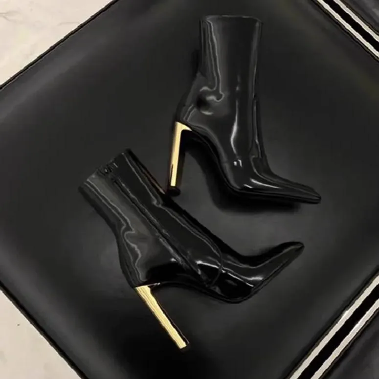 Women's Black Patent Ankle Boots | Luxury Gold Heel Booties | Designer Statement Boots