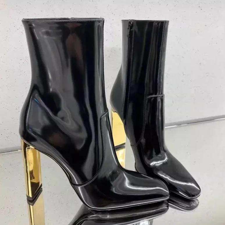 Women's Black Patent Ankle Boots | Luxury Gold Heel Booties | Designer Statement Boots