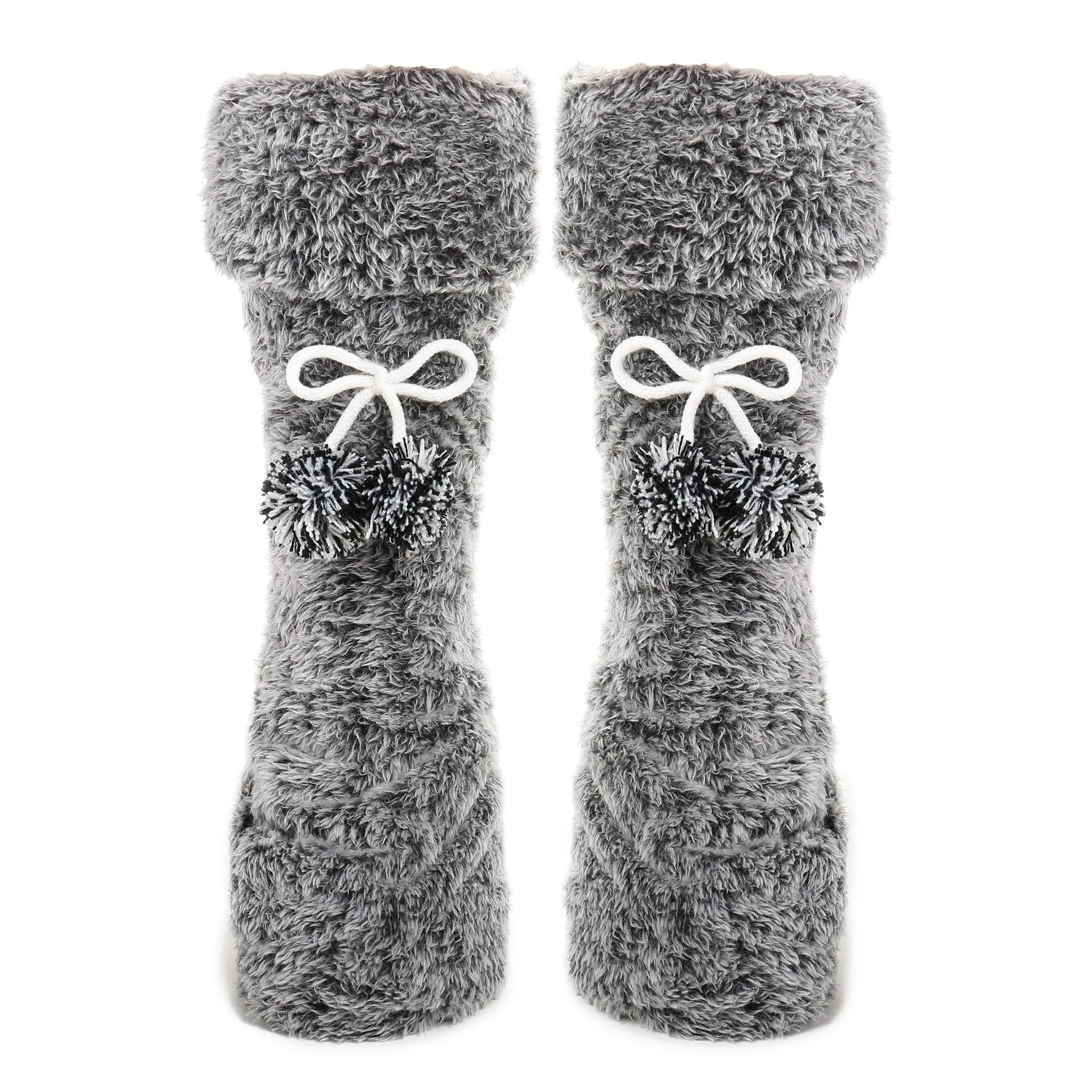 Women's Fuzzy Plush Tall Slipper Socks with Pom-Poms