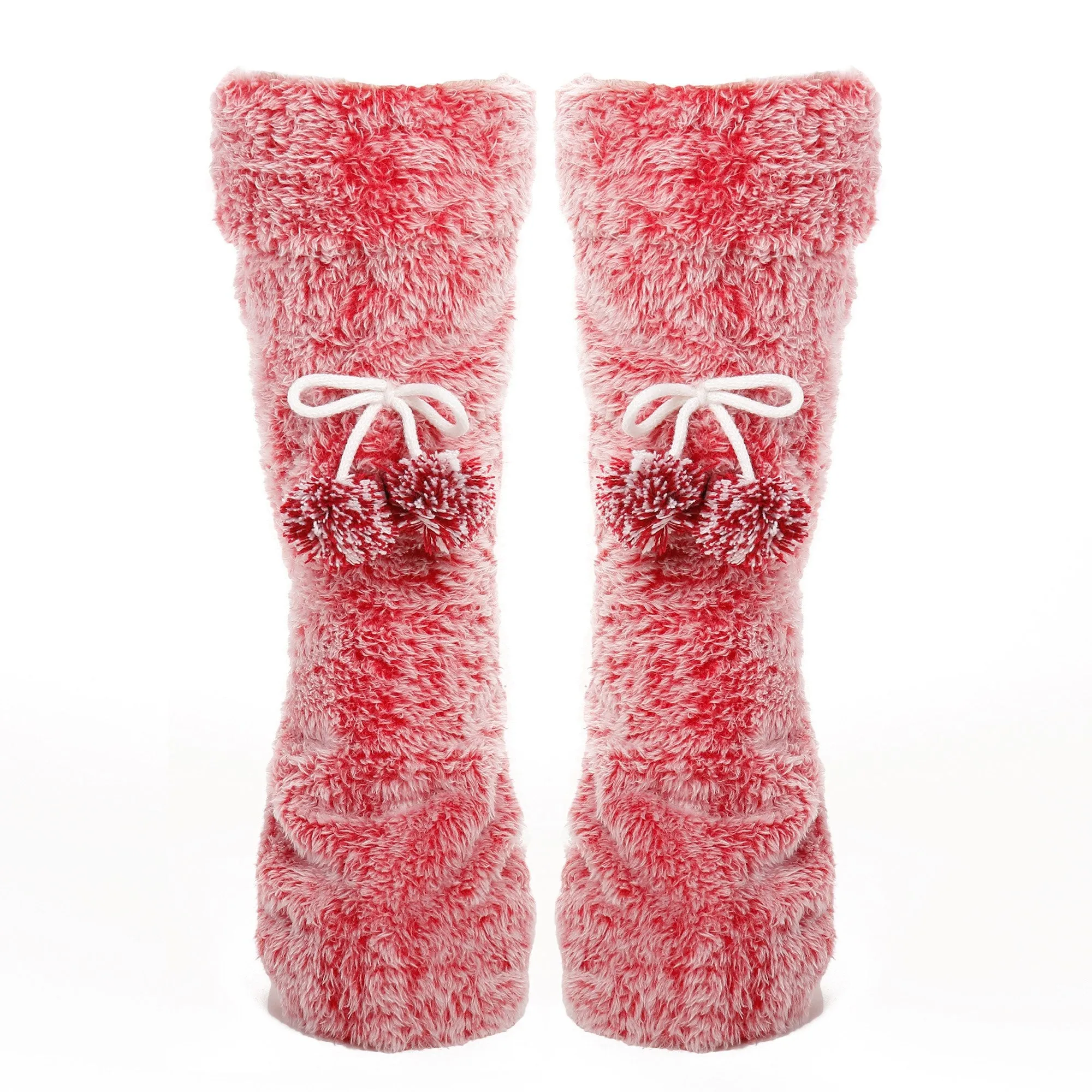 Women's Fuzzy Plush Tall Slipper Socks with Pom-Poms