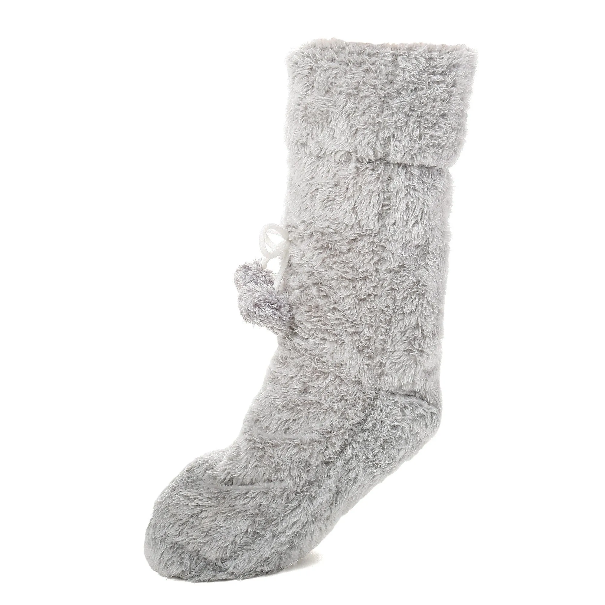 Women's Fuzzy Plush Tall Slipper Socks with Pom-Poms