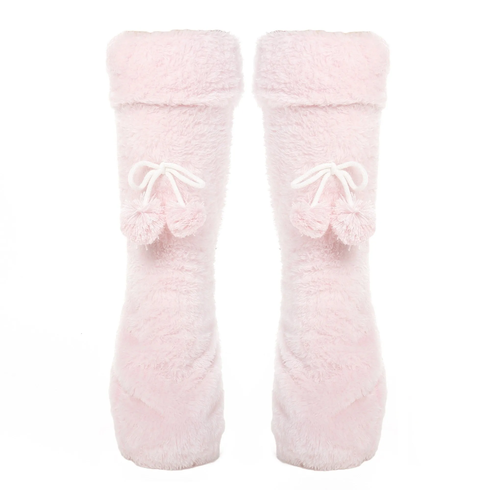 Women's Fuzzy Plush Tall Slipper Socks with Pom-Poms