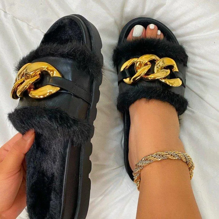 Women's platform open toe indoor slippers with metal chain