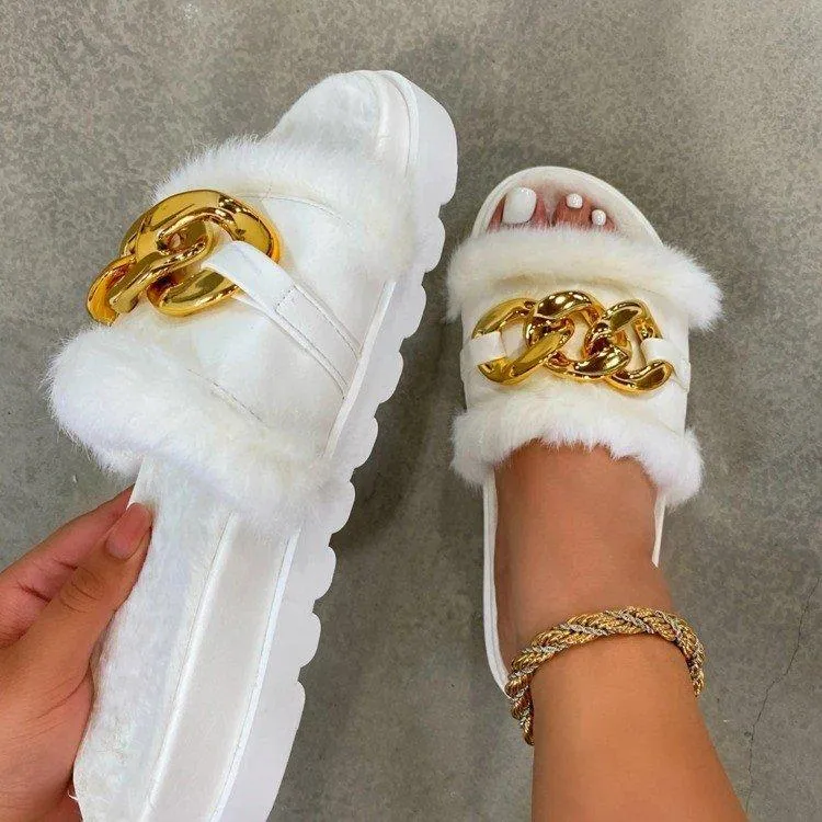 Women's platform open toe indoor slippers with metal chain